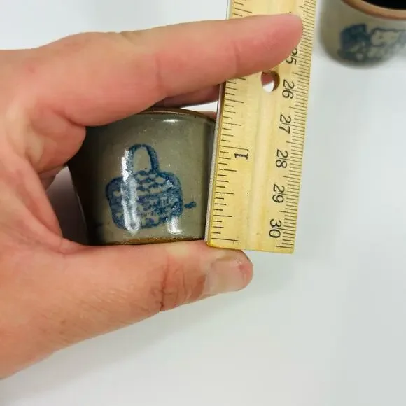 Vintage Miniature Stoneware Crocks Glazed Set of 3 Blue Basket Bear Cow - Picture 3 of 8
